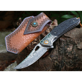 Damascus Steel Blade Black Dragon Quick Opening Folding Pocket Survival Knife UD406715